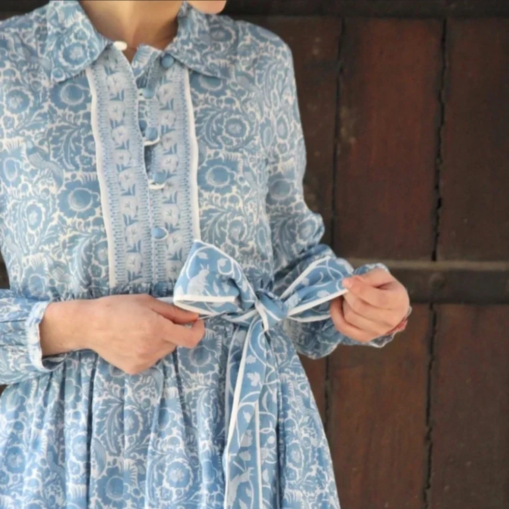 Cyclamen Jaipur Block Print Cotton Midi Dress Blue Peacock Prairie Cottagecore S